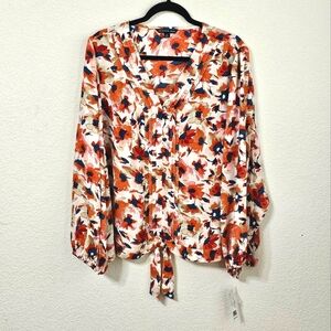 Zac & Rachel Blouse Womens 2X Floral Long Sleeve V Neck Front Tie Button Top